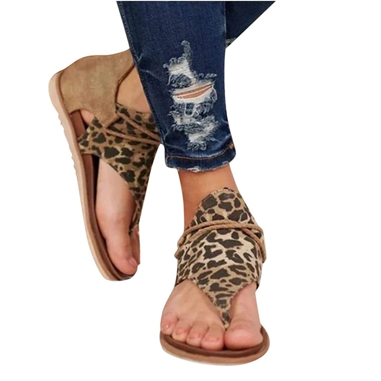 EEUK Women's Summer Leopard Print Flat Sandals - Gladiator Style Comfortable Flip Flops for Ladies, Fashion Casual Open Toe Beach Shoes (Dark Leopard Print, US Size 5) - Perfect for Vacation, Poolside, and Summer Outings