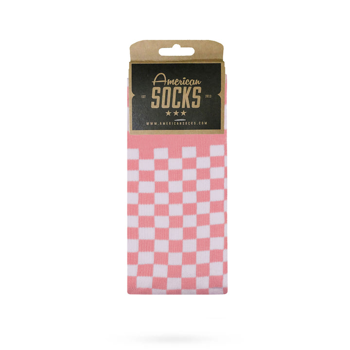 American Socks for Women - Pink Checkerboard Pattern Mid-Calf Crew Socks - Comfortable Cotton Blend for Daily Wear, Workout & Casual Outfits