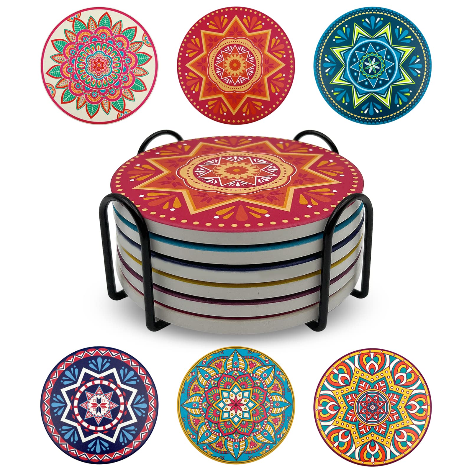 6-Pack Absorbent Mandala Ceramic Coasters with Cork Base - Stylish Coffee Table Decor for All Cups | Perfect for Home, Dining Room & Office Use