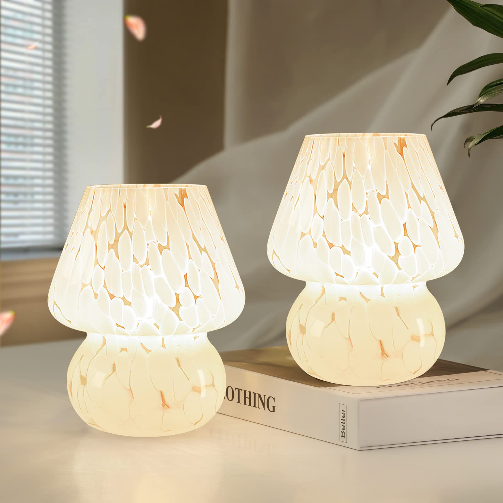 ONEWISH Mushroom Lamp - Small Dimmable Nightstand Light for Bedroom, Living Room & Kitchen | Translucent Glass Table Lamp with Murano Aesthetic | Perfect Birthday Gift & Home Decor (White) | Creates Cozy Ambiance for Reading & Relaxation