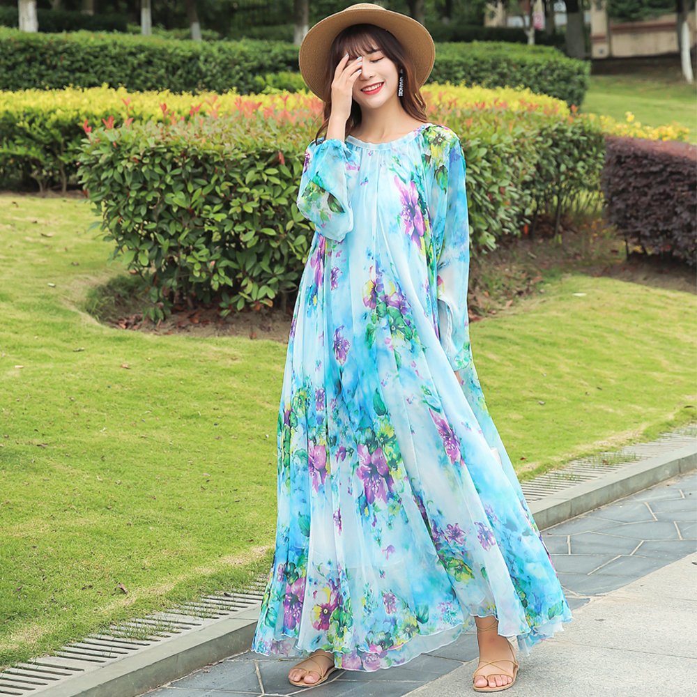MedeShe Women's Floral Print Chiffon Maxi Dress - Elegant Beach Wedding Bridesmaid Sundress for Summer Vacation & Party Wear