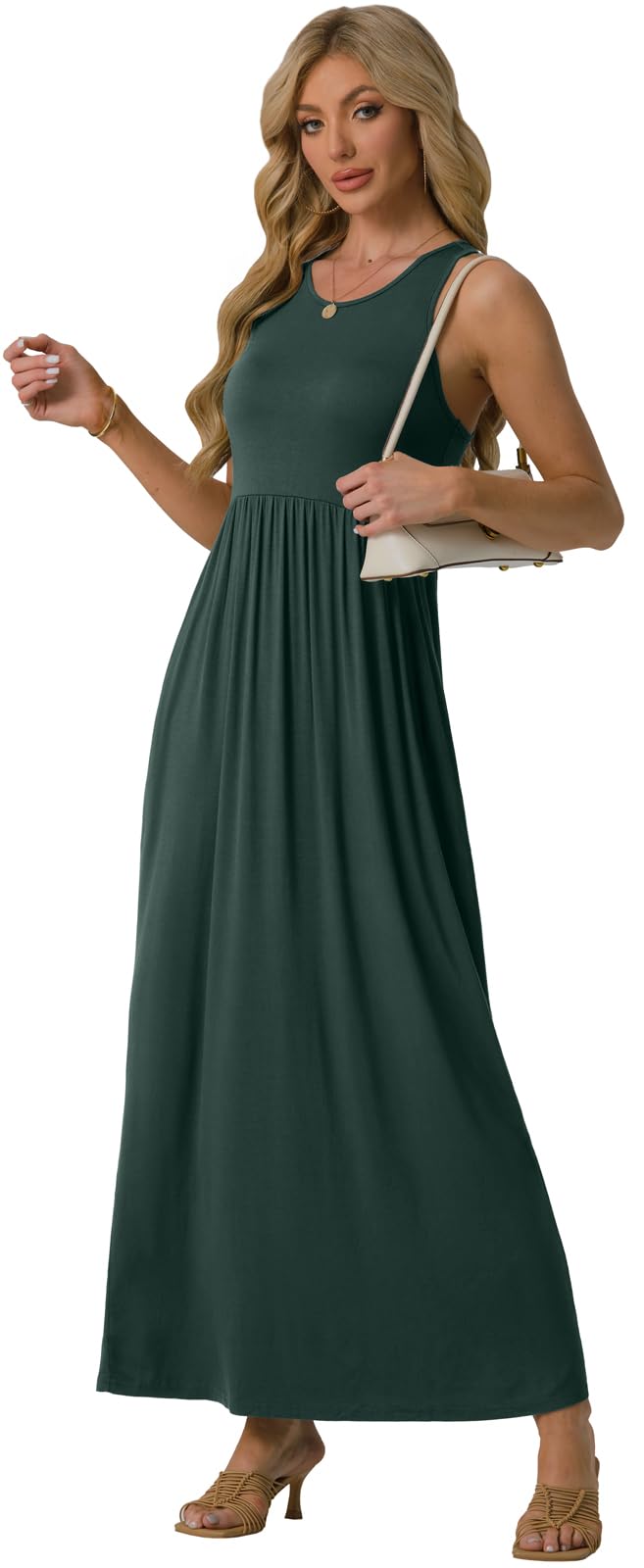 GRECERELLE Women's Floral Print Sleeveless Racerback Maxi Dress with Pockets - Summer Beach Wedding, Vacation & Casual Wear Long Dress