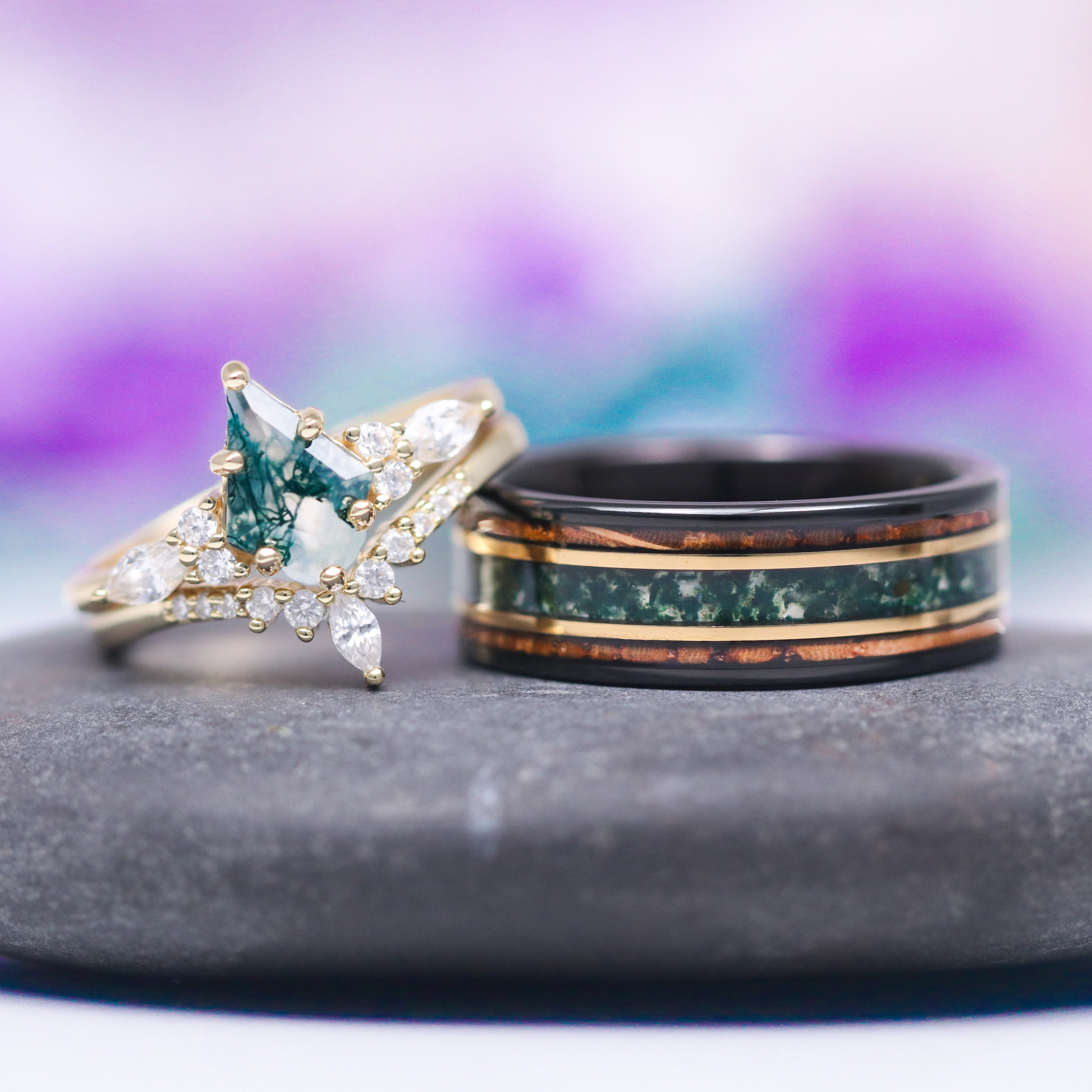 Whiskey Barrel & Moss Agate Wedding Band - 8MM Two Tone Gold & Black Tungsten Ring for Men - Unique Handcrafted Wedding Ring for Grooms, Anniversary Gift, Rustic Style Jewelry
