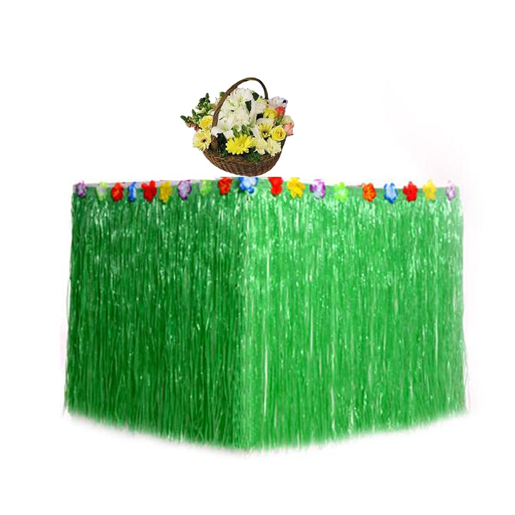 Hawaiian Grass Table Skirt 9ft - Tropical Luau Party Decor with Hibiscus Flowers for Island Theme Party, Army Green - Perfect for Hawaiian Luau, Beach Weddings & Summer Backyard Decorations