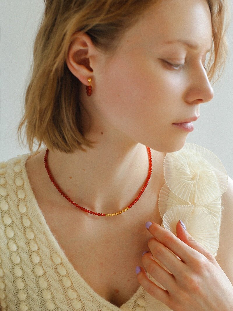 Broken Gold Red Agate Beaded Necklace - Elegant Handmade Jewelry for Women | Perfect for Boho Style, Weddings & Special Occasions