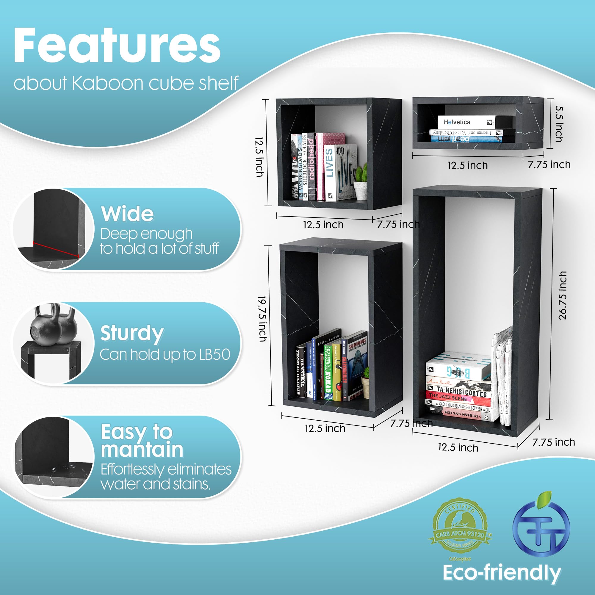 Kaboon 4-Piece Floating Wall Mount Shelf Set - Large Cube Shelves for Home & Office Decor, Space Saving Storage - Cloud Atlas & Black Marble Finish | Perfect for Living Room, Bedroom, Kitchen & Commercial Spaces
