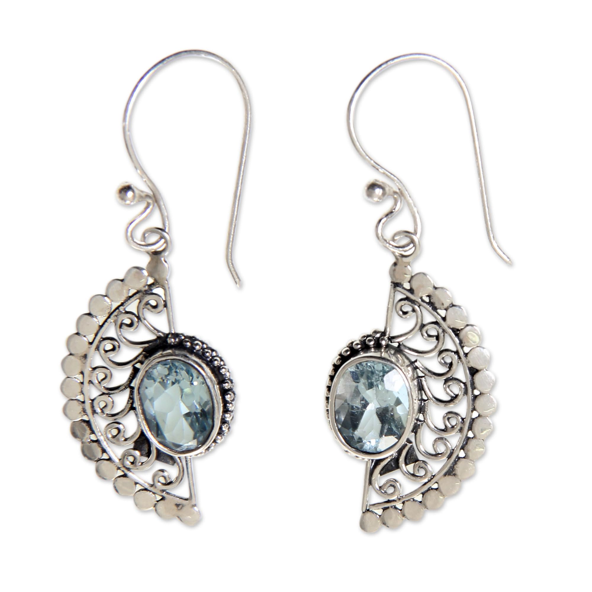 Handmade Blue Topaz Dangle Earrings - Sterling Silver Hook with Gemstone Filigree, Indonesian Artisan Jewelry, December Birthstone Gift (1.5