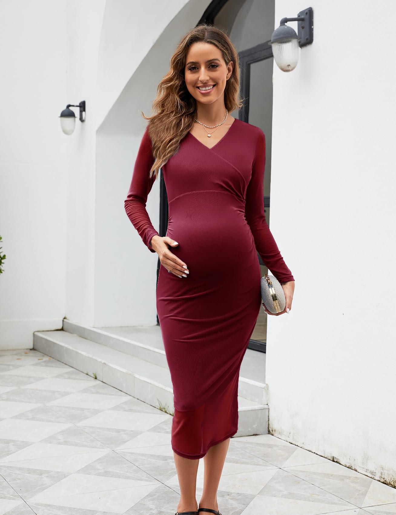 Sparkly Mesh Wrap Maternity Cocktail Dress for Baby Shower, Wedding Guest & Pregnancy Photoshoot - V-Neck Formal Bodycon Dress for Fall Season | Perfect for Special Occasions & Evening Events
