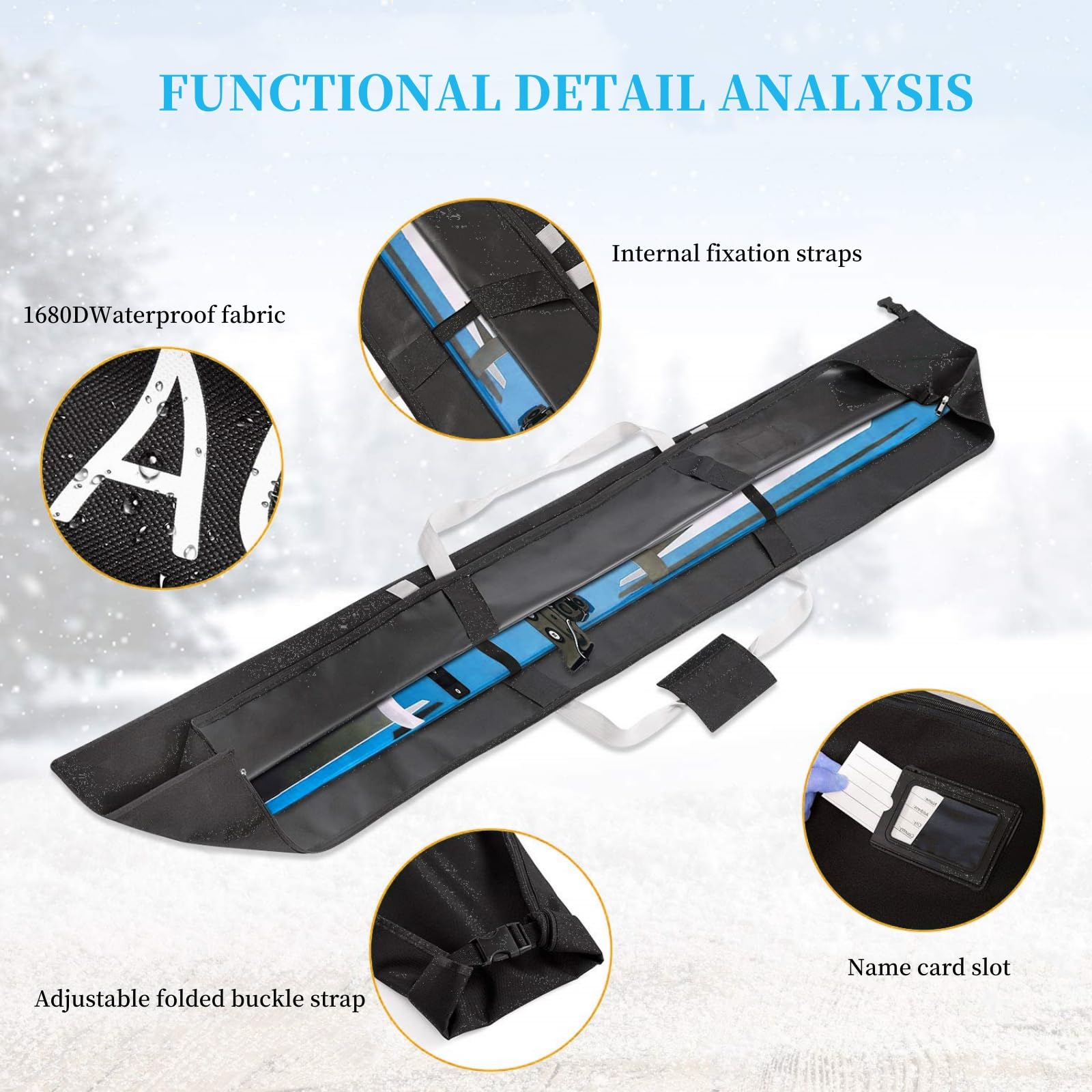**1680D Waterproof Ski & Snowboard Travel Bag - Adjustable Length, Durable Polyester, Fits Skis Up to 180cm - Perfect for Air Travel & Winter Sports Storage (Black, Unisex)**    *Use Case: Ideal for protecting skis and snowboards during travel, storage, and harsh weather conditions.*