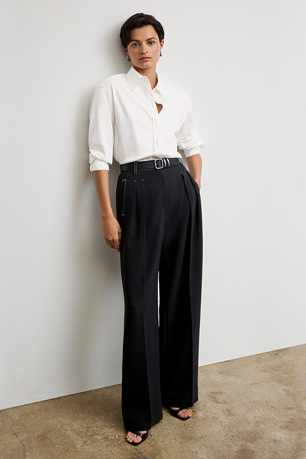 Bia Pleated Trousers for Women - High Waist Everyday Crepe Pants with Topstitch Detail - Comfortable Office Work Pants - Black - Perfect for Business Casual & Professional Wear