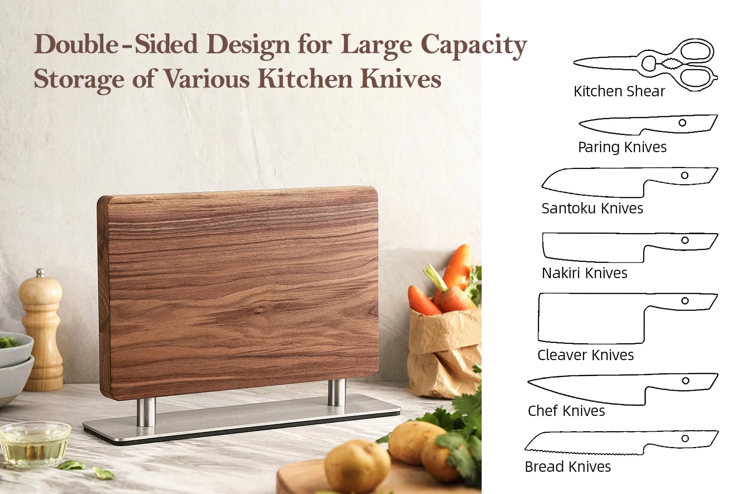 Premium Magnetic Knife Block - Natural Walnut Knife Holder with Strong Double-Sided Magnets for Countertop Storage | Perfect Kitchen Organizer for Chefs & Home Cooks | Ideal for Countertop, Kitchen Island & Open Shelf Display
