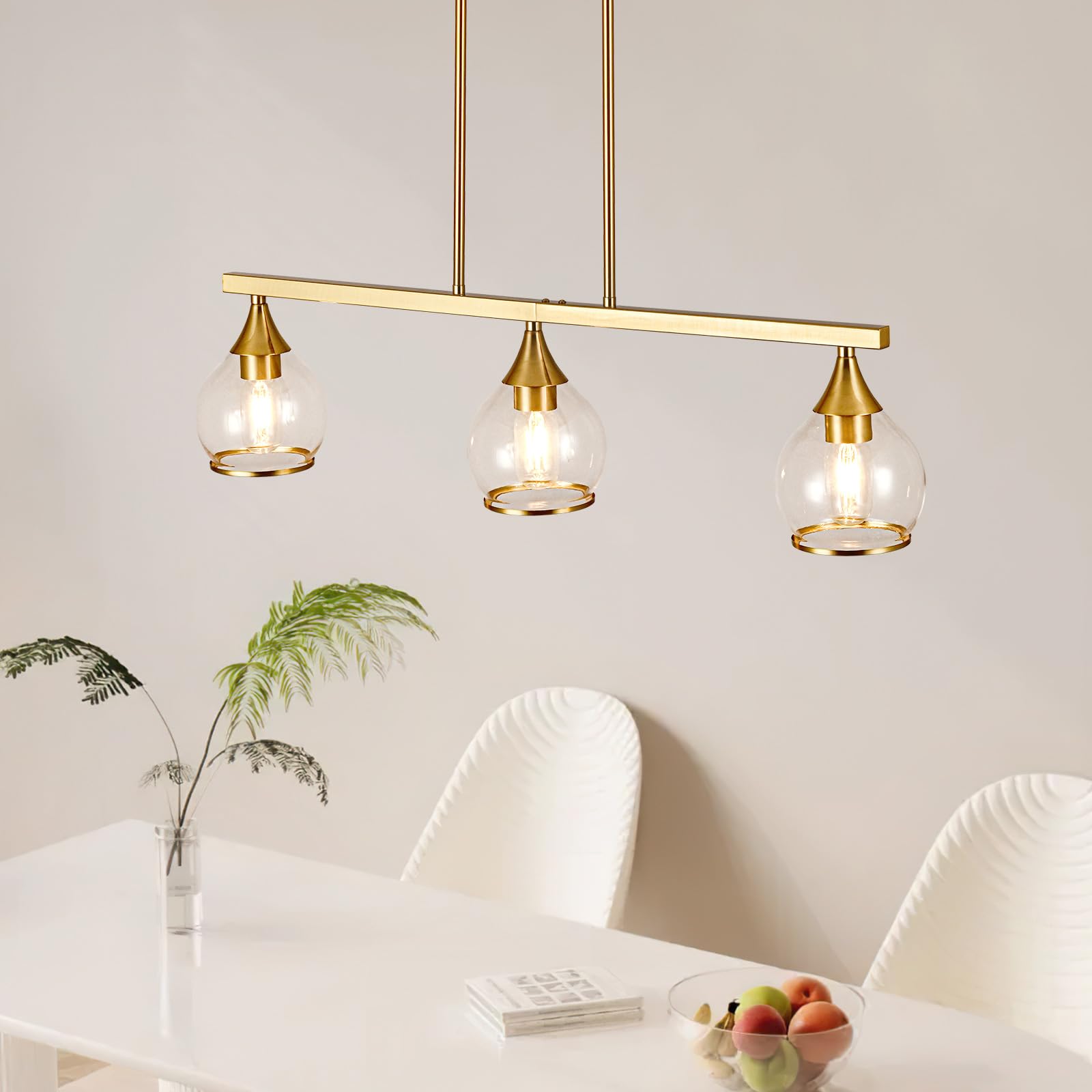 3-Light Gold Kitchen Island Linear Hanging Pendant Chandelier - Brushed Gold Dining Room Light Fixture with Clear Round Glass Shades - Perfect for Kitchen Islands, Dining Tables, and Breakfast Bars