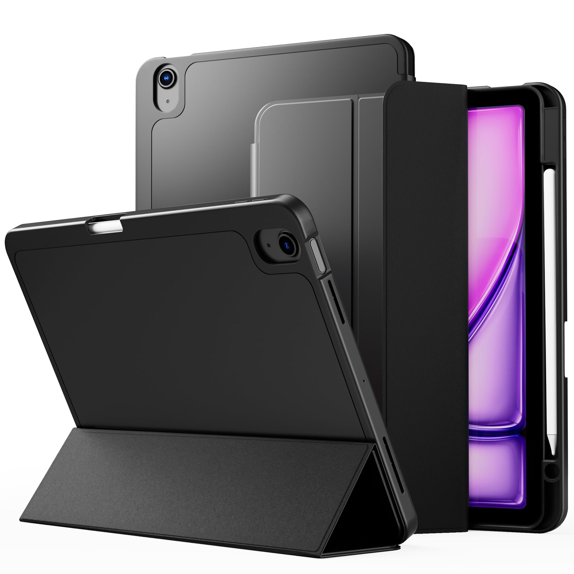 VAKS iPad Air 6th/5th/4th Generation Case 11 inch & 10.9 inch (2024/M2/2022/2020 Model) - Trifold Stand Smart Cover with Auto Wake/Sleep & Pencil Holder, Soft TPU Back Protective Case (Black) - Perfect for Work, Study & Travel