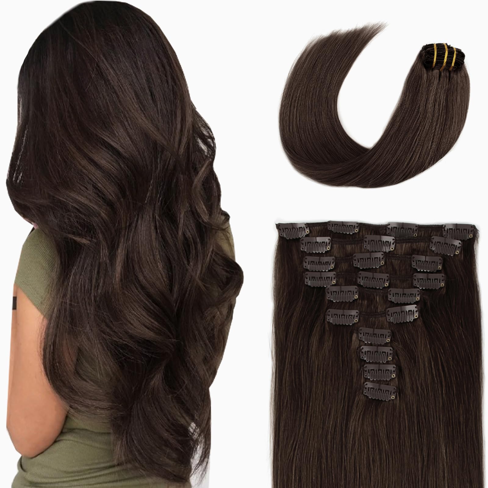 SixStar Clip In Hair Extensions 20 Inch Dark Brown - 180g Remy Human Hair Weft, Silky Straight Clip On Hair Extensions for Length & Volume | Perfect for Parties, Weddings & Everyday Styling