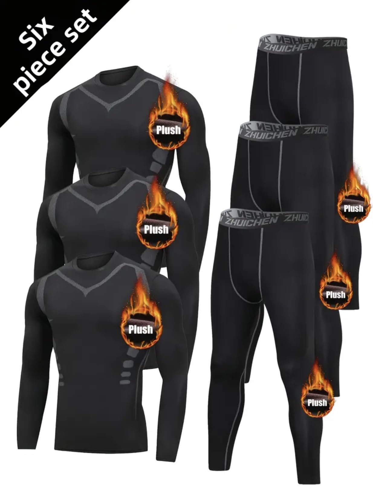 Men's 6-Piece Fleece-Lined Athletic Set - Thermal Compression Tops & Leggings for Running, Gym & Winter Workouts - Warm Stretchy Workout Clothes for Cold Weather Training