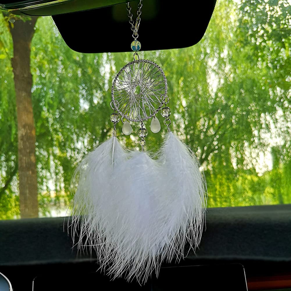 White Feather Dream Catcher Car Charm - Lucky Crystal Car Ornament & Rear View Mirror Pendant | Spiritual Car Accessories for Women | Perfect for Road Trips, Meditation & Positive Energy in Your Vehicle