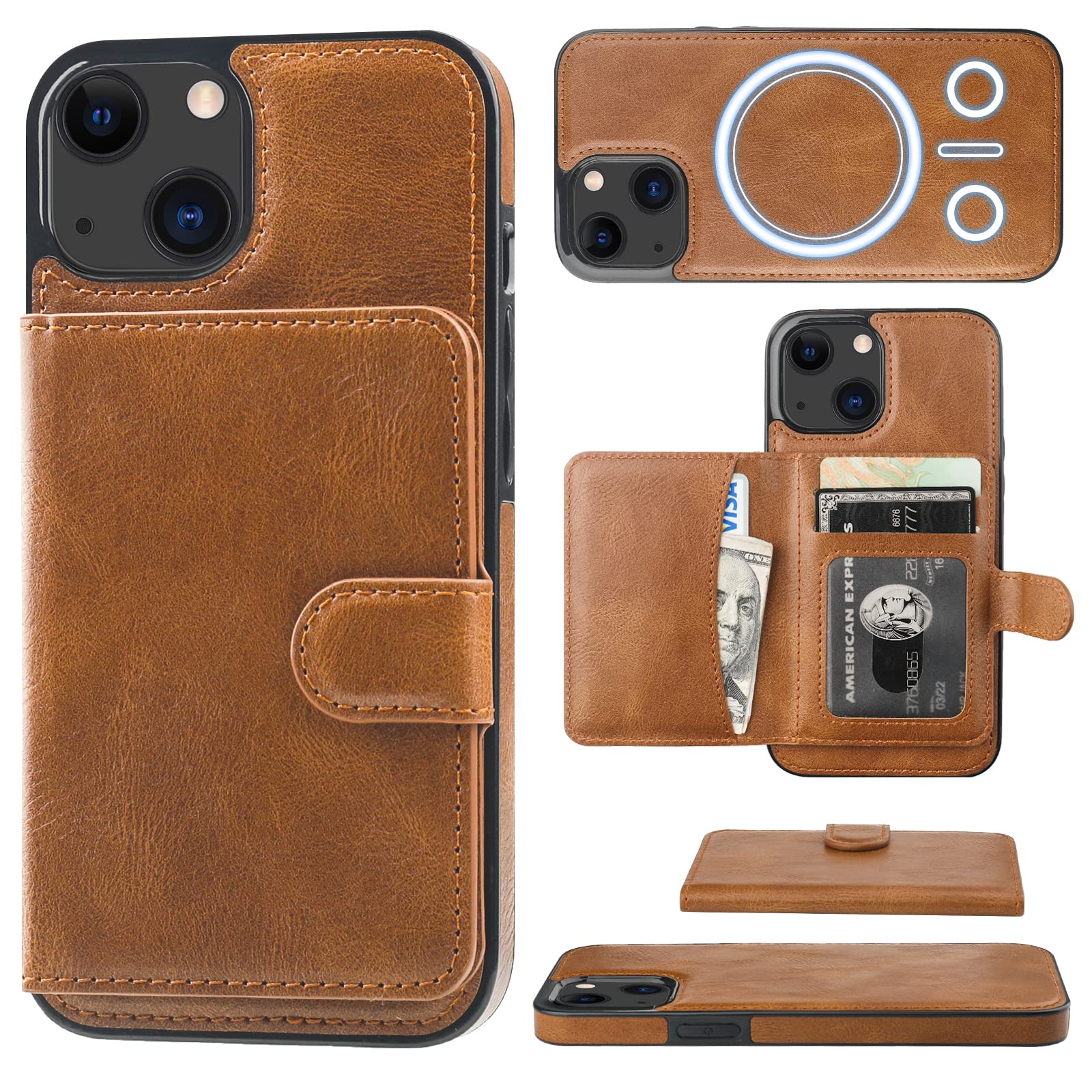 Premium Magnetic RFID Blocking Wallet Case for iPhone 13 - Detachable PU Leather Flip Cover with Card Slots, Kickstand & Wireless Charging (6.1 Inch, Brown) | Perfect for Travel, Work & Everyday Use