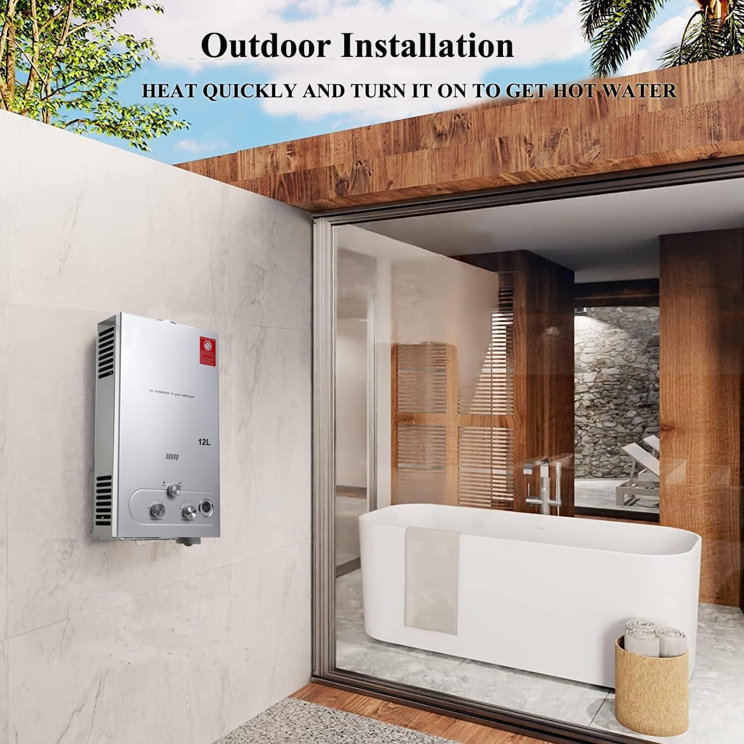 ECUTEE 12L 24KW LPG/Propane Gas Water Heater - Instant Tankless Gas Water Heater with Shower Kit for Outdoor Use, Silver - Perfect for Camping, RV, and Off-Grid Living