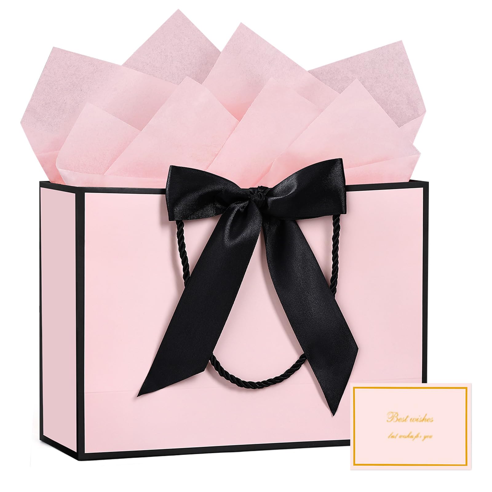 JMANNI Large Gift Bags Set - 1 Premium Paper Gift Bag with 2 Tissue Papers & 1 Greeting Card - Elegant Present Bags with Handles for Women, Girls, Bridesmaids - Perfect for Birthday, Valentine's Day, Wedding & Party Favors (Black-Pink) | Great for Gift Wrapping, Special Occasions & Thoughtful Surprises