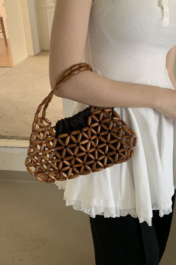 Stylish Wood Beaded Cutout Tote Bag for Women - Trendy Summer Beach Bag with Handcrafted Wooden Bead Details - Perfect for Shopping, Travel & Boho Fashion Accessories