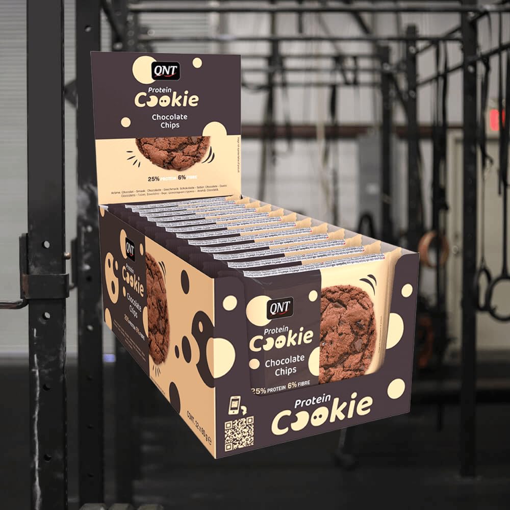 QNT Protein Cookie (12x60g) Chocolate Chips - High Protein Low Sugar Snacks for Weight Loss & Muscle Gain - Perfect for Gym, Workout, and Healthy On-the-Go Breakfast