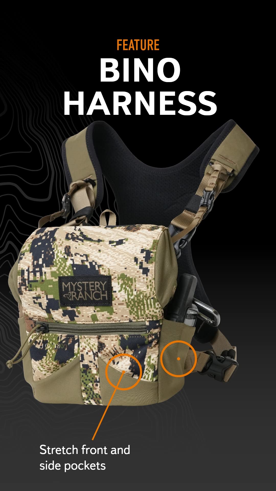 Mystery Ranch Bino Harness 10x - Binocular Chest Carrier for Hunting & Hiking - Durable Outdoor Gear for Bird Watching & Wildlife Observation