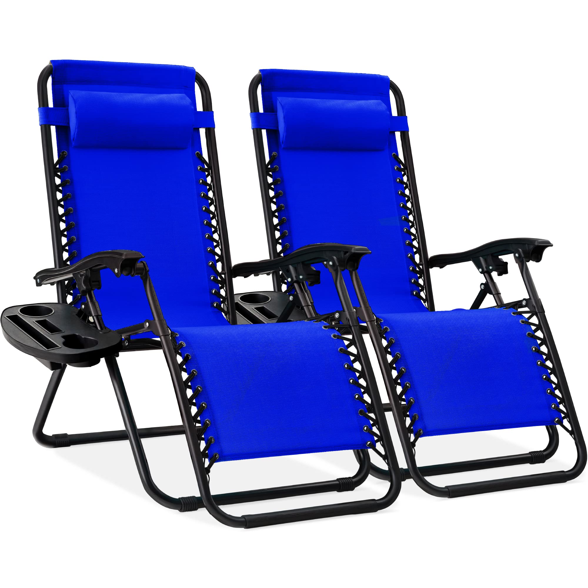 Best Choice Products Set of 2 Adjustable Steel Mesh Zero Gravity Lounge Chair Recliners with Pillows and Cup Holder Trays - Cobalt Blue | Patio, Poolside, Backyard Relaxation Outdoor Furniture
