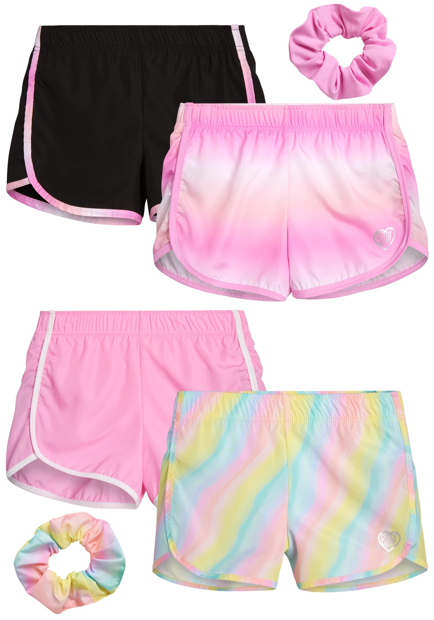 Body Glove Girls' Athletic Shorts 4-Pack - Quick Dry Gym Shorts with Scrunchie for Ages 7-12 | Perfect for School PE, Dance Practice & Summer Camp Activities