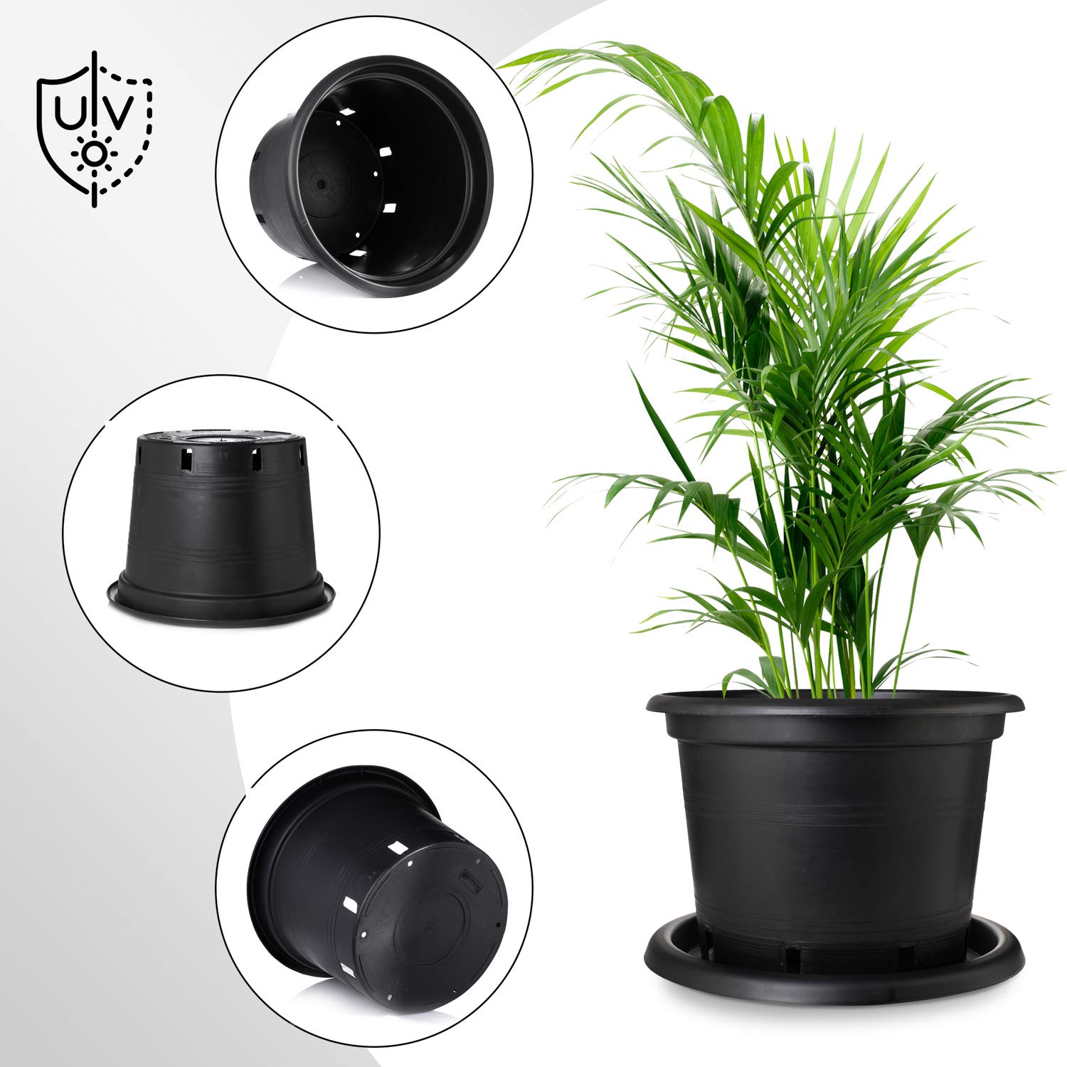 5-Pack Black 12 Gallon Plastic Plant Pots with Saucers - Heavy Duty Nursery Pots with Drainage Holes for Indoor/Outdoor Plants - Perfect for Houseplants, Flowers, Vegetables & Herb Gardening