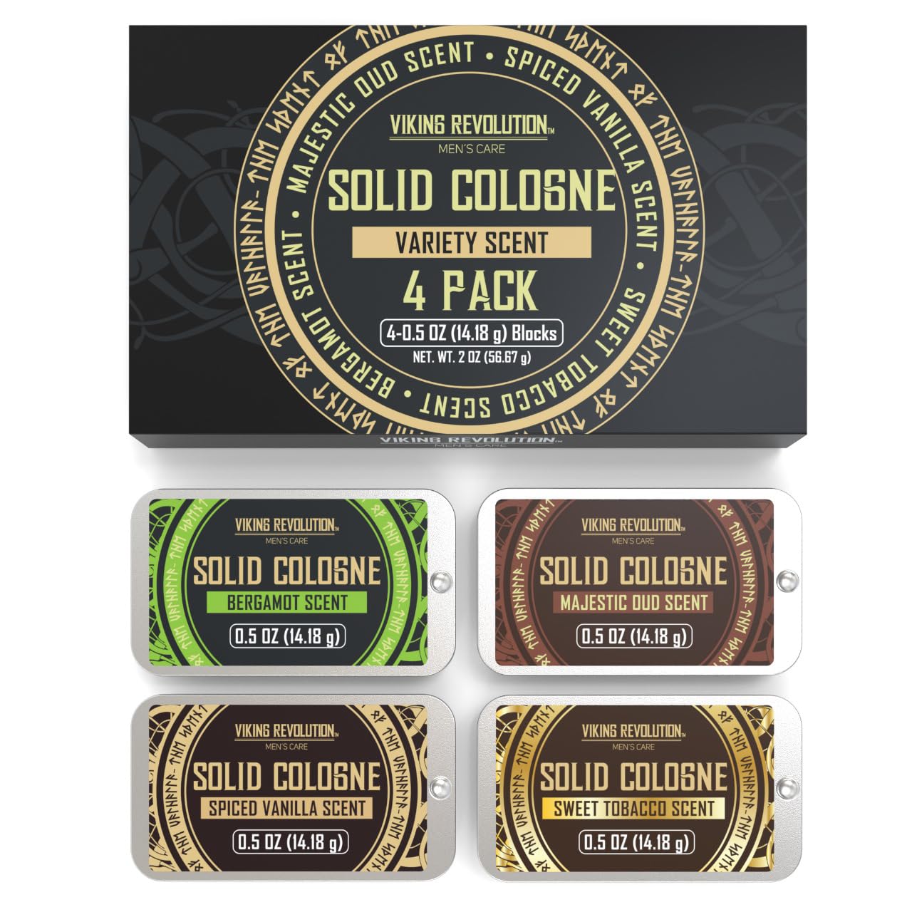 Viking Revolution 4 Pack Men's Solid Cologne Set - 2 Balm Cologne & 2 Travel Cologne Wax (0.5 Oz Each) | Long-Lasting Fragrance for Men | Perfect for Daily Use, Gym, Travel & Gifts