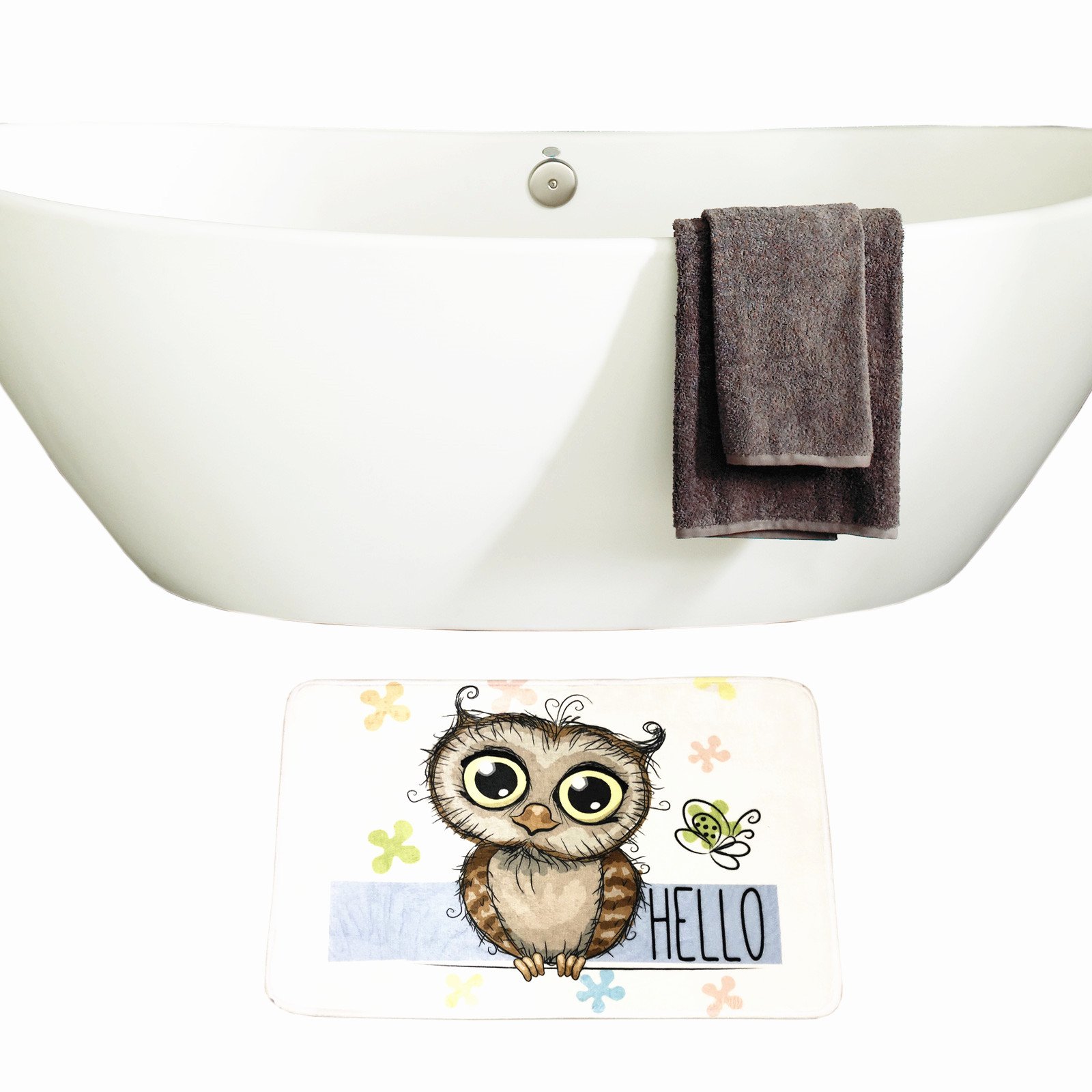 3-Piece Funny Cartoon Owl & Butterfly Bathroom Mat Set with Floral Design & Hello Message - Non-Slip Bath Mat, Contour Mat & Toilet Cover for Cozy Home Decor