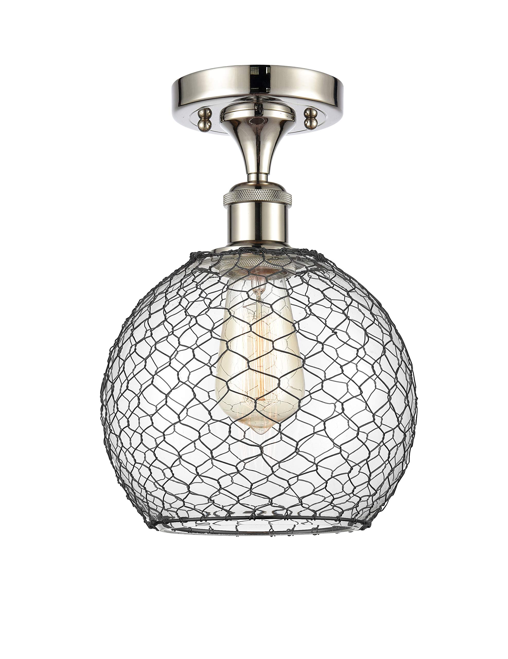 Farmhouse Chicken Wire Semi-Flush Mount Light Fixture - 1-Light Polished Nickel Ceiling Light with LED Bulb - Ballston Collection - Perfect for Kitchen, Dining Room or Country Style Home Decor