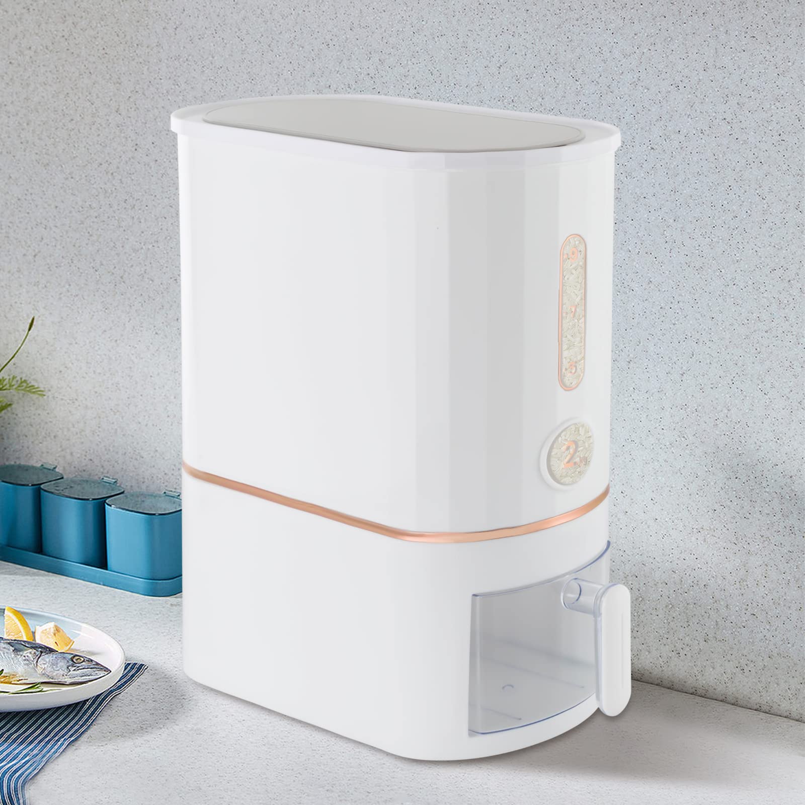 LOYALHEARTDY 22 Lbs Airtight Rice Dispenser with Locking Lid - Large Grain Storage Container with Measuring Cup - Moisture Proof Kitchen Cereal Dispenser for Rice, Soybean, Corn - Perfect for Pantry Organization & Bulk Food Storage