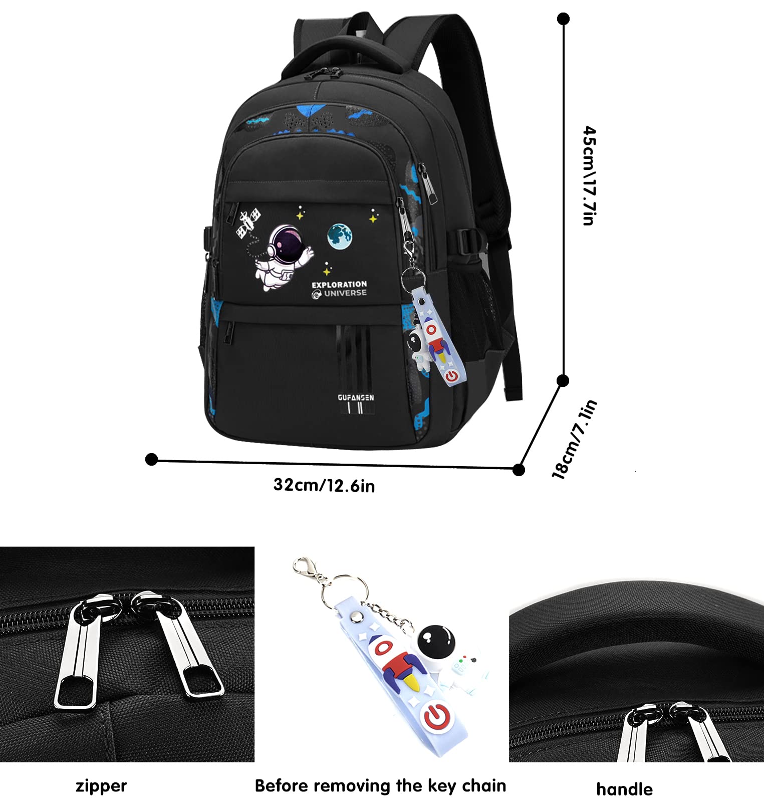 Astronaut Themed Backpack for Boys & Teens - Large Capacity School Backpack for Elementary & Middle School Students (Black) - Perfect for School, Travel & Outdoor Adventures