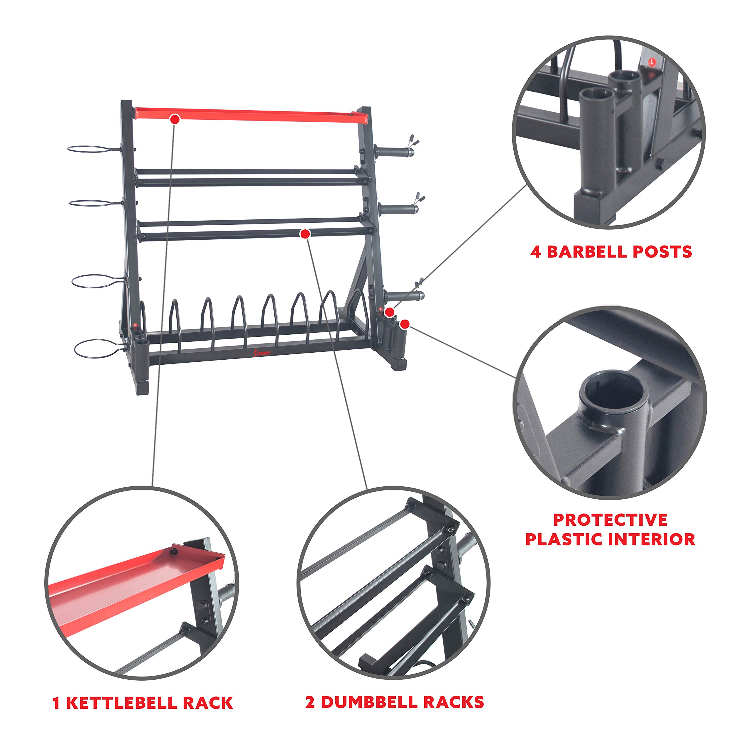 Sunny Health & Fitness Multi-Weight Storage Rack Stand - Organize Dumbbells, Kettlebells, Olympic Plates & Barbells - Perfect for Home Gym & Garage Workouts