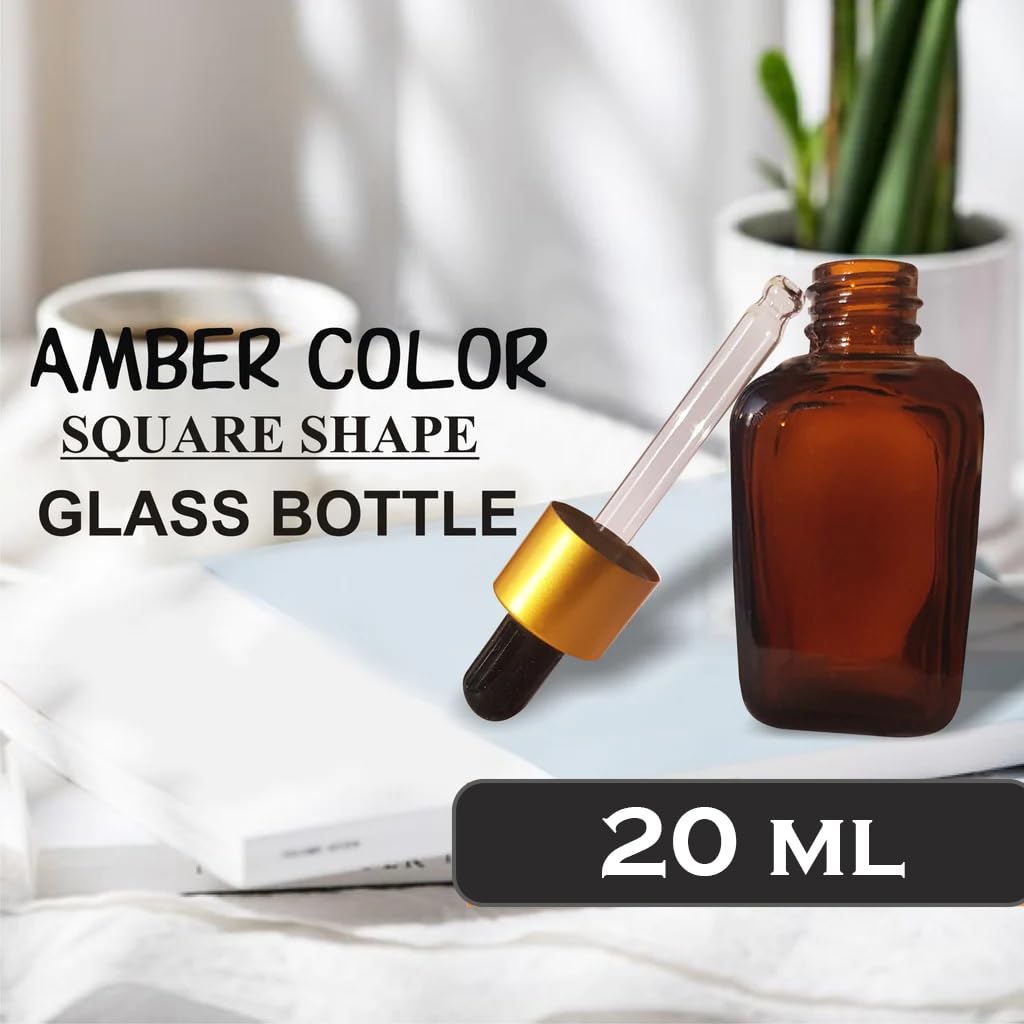 Premium 20ml Amber Square Glass Boston Bottles with Black Glass Dropper - Essential Oil Bottles, Serum Containers & Travel-Friendly Refillable Bottles for Aromatherapy, Skincare & DIY Beauty Products (Pack of 5)