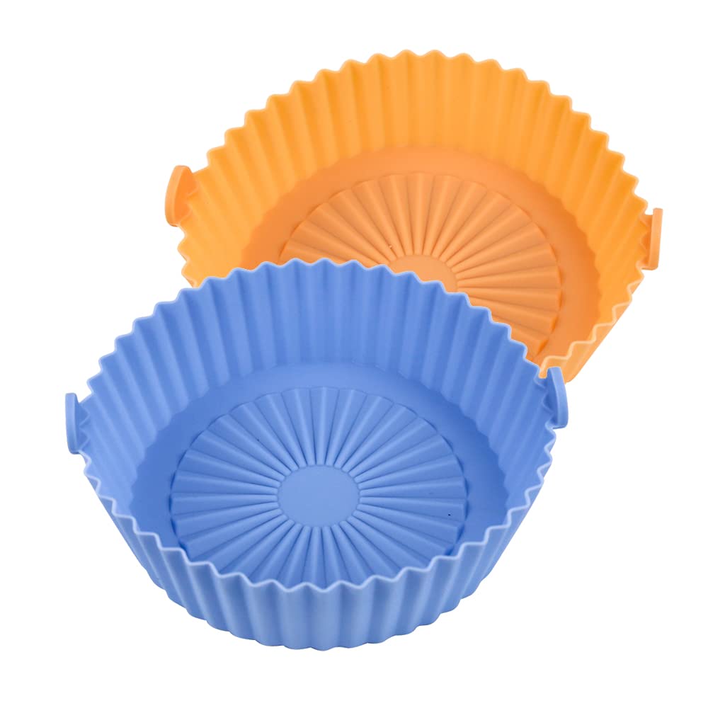 2-Pack Small Air Fryer Silicone Liners (2 QT) - Reusable Non-Stick Basket Bowl for Air Fryers & Ovens - Blue & Orange - Perfect for Healthy Cooking, Roasting Vegetables & Crispy Snacks