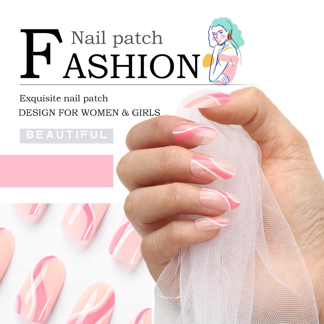 Elegant Abstract Line Press on Nails - Almond Medium French Fake Nails with Glossy Pink Design - 24Pcs Full Cover Artificial Nails for Women & Girls - Perfect for Parties, Weddings, and Daily Fashion