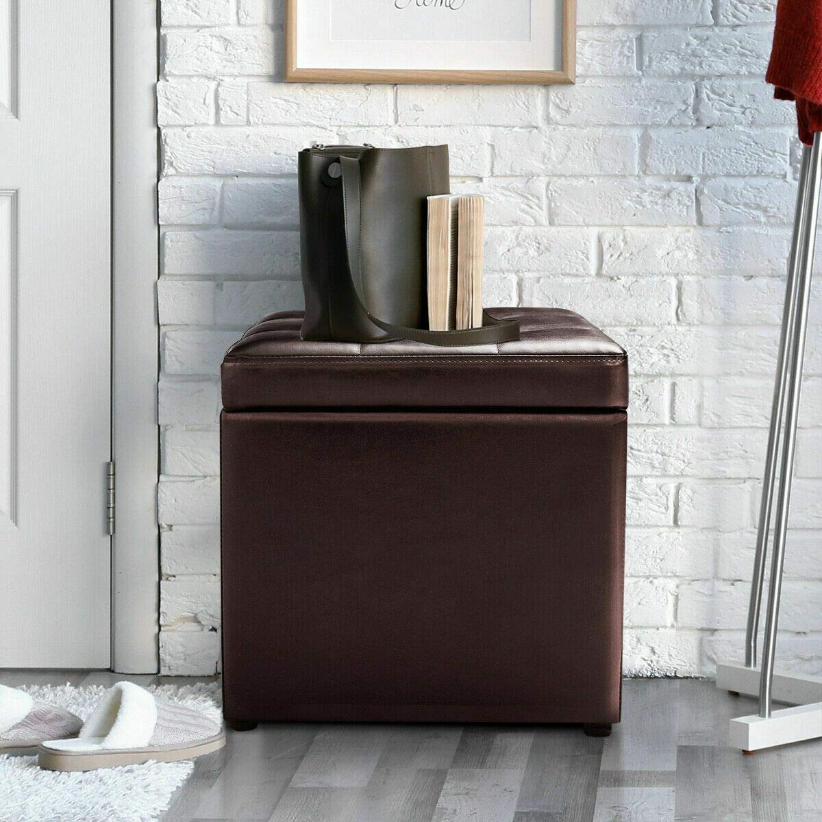 Caraya 16 Inch Brown PU Leather Storage Ottoman Pouffe Footstool - Hinged Lid Cube Box for Living Room, Bedroom & Lounge - Organize Toys, Blankets, Books - Multi-Functional Seat & Storage Solution