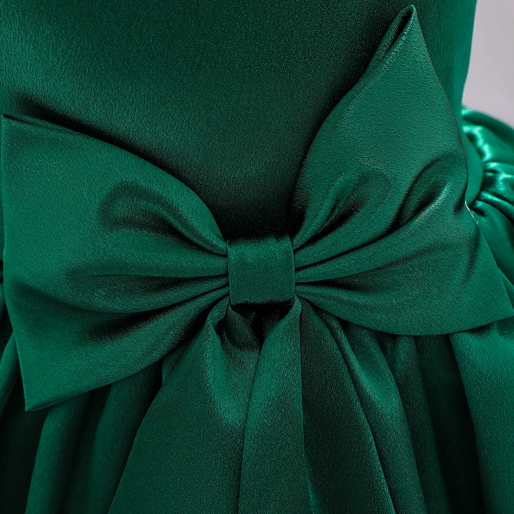 Green Princess Round Tea Length Satin Flower Girl Dress for Weddings & Special Occasions