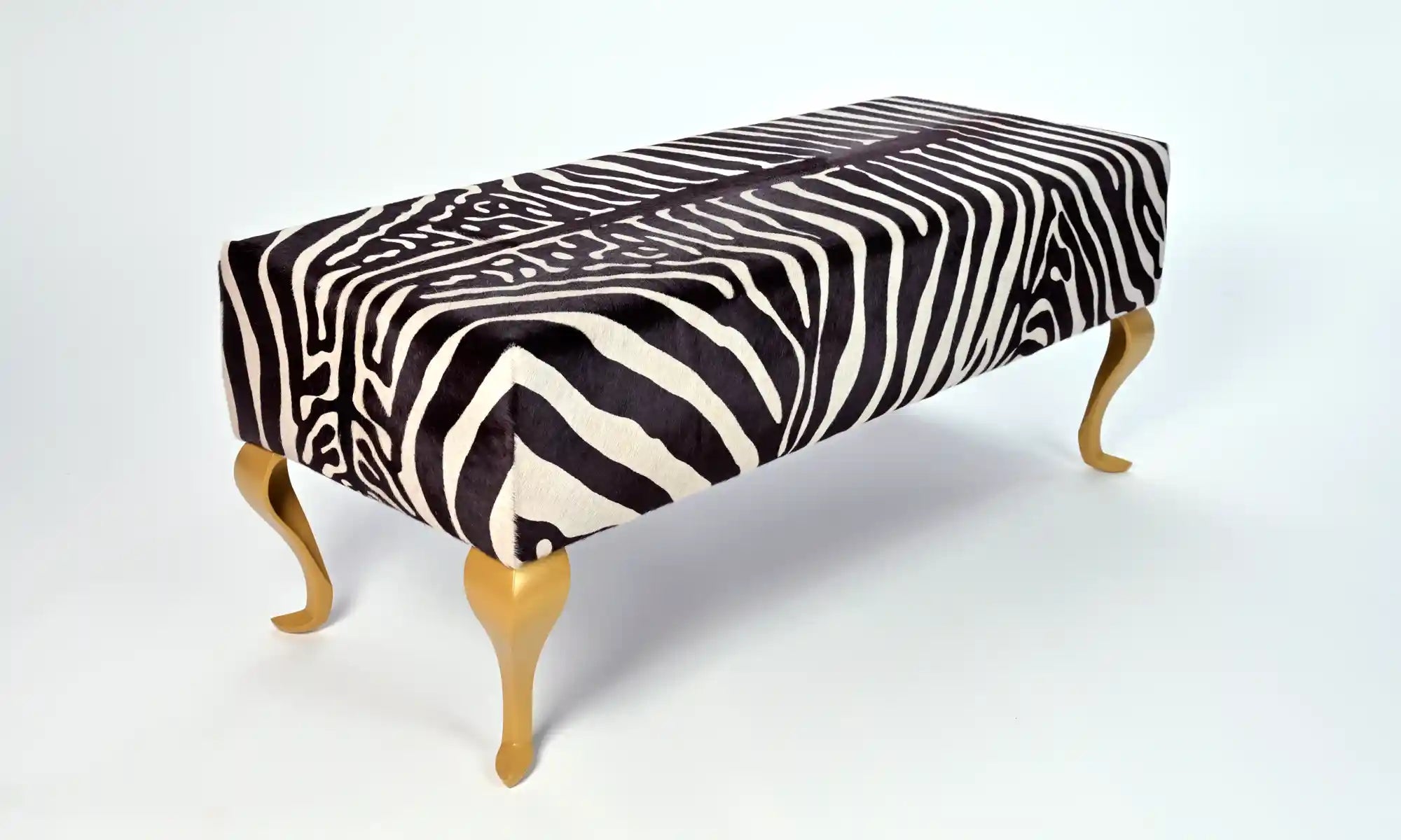 Stylish Zebra Print Ottoman with Gold Queen Anne Legs - 43.3x17.7x18.1 Inches - Perfect for Living Room, Bedroom or Office Decor