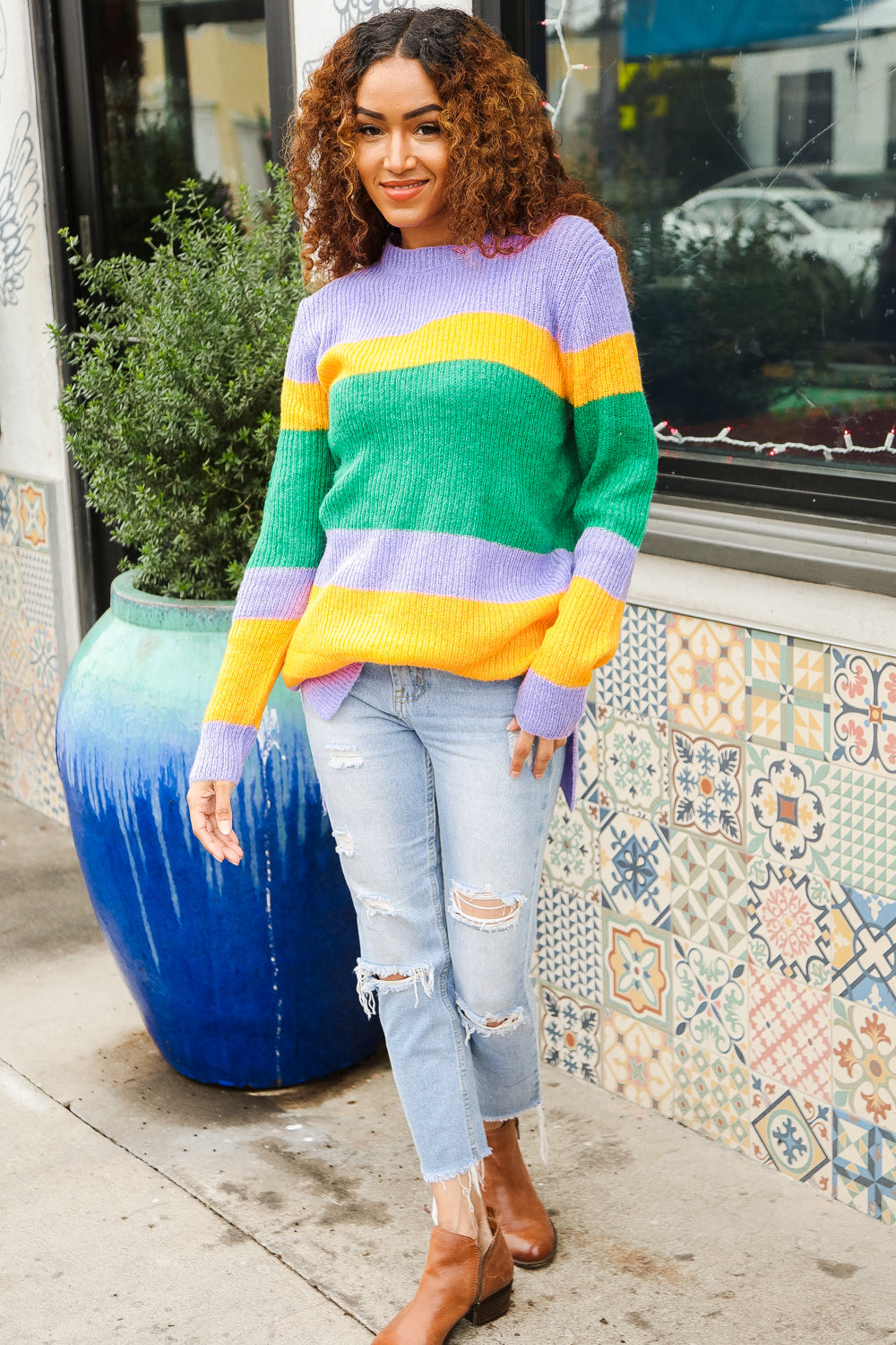 Love Found Mardi Gras Mohair Stripe Rib Knit Tunic Sweater for Women - Cozy Winter Pullover with Colorful Stripes - Perfect for Parties, Festivals & Casual Outings