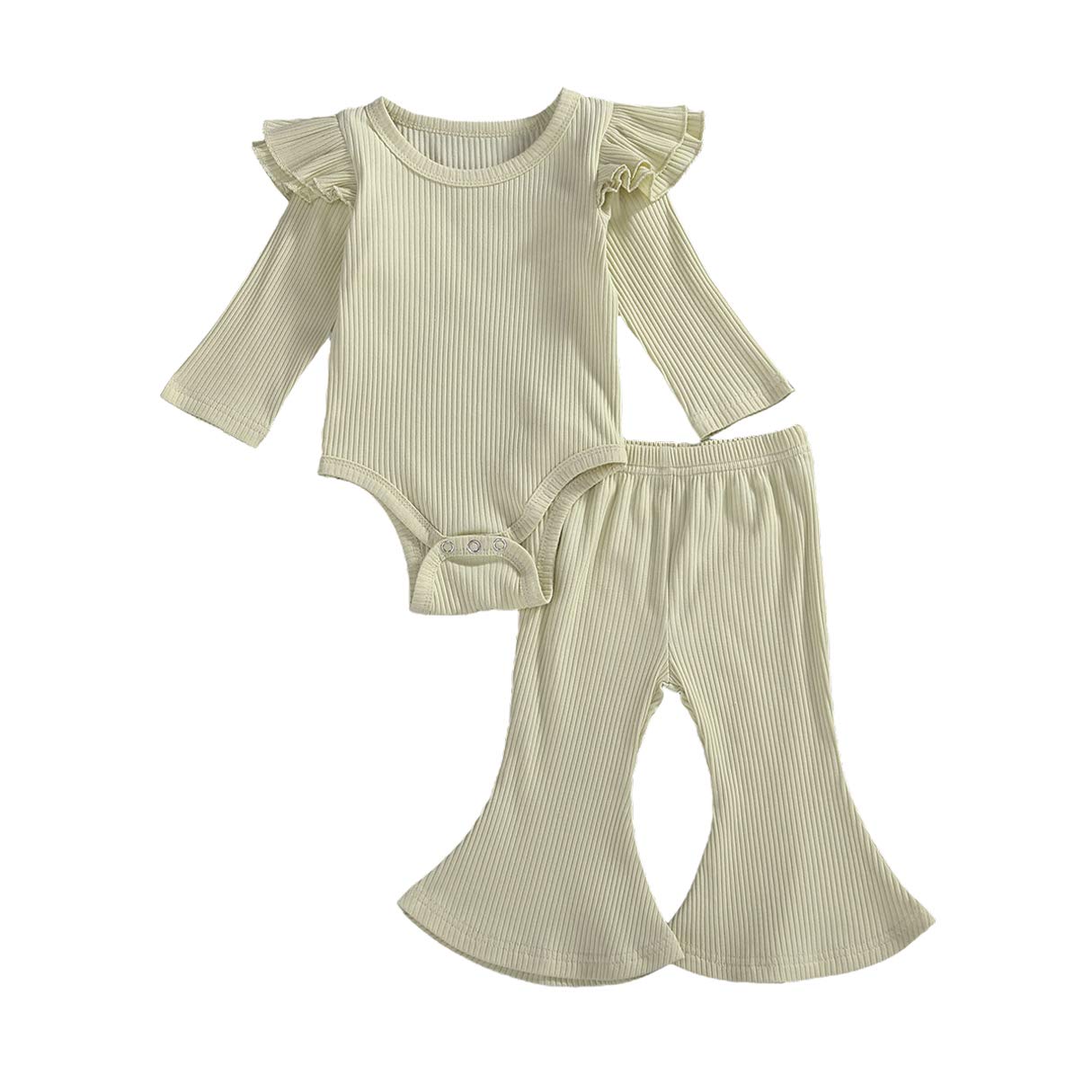 Newborn Baby Girl & Boy Clothes Set - 2Pcs Knitted Ruffle Romper Top + Bell Bottom Flared Pants | Soft Autumn Outfits for Infants | Perfect for Photo Shoots, Family Gatherings & Daily Wear
