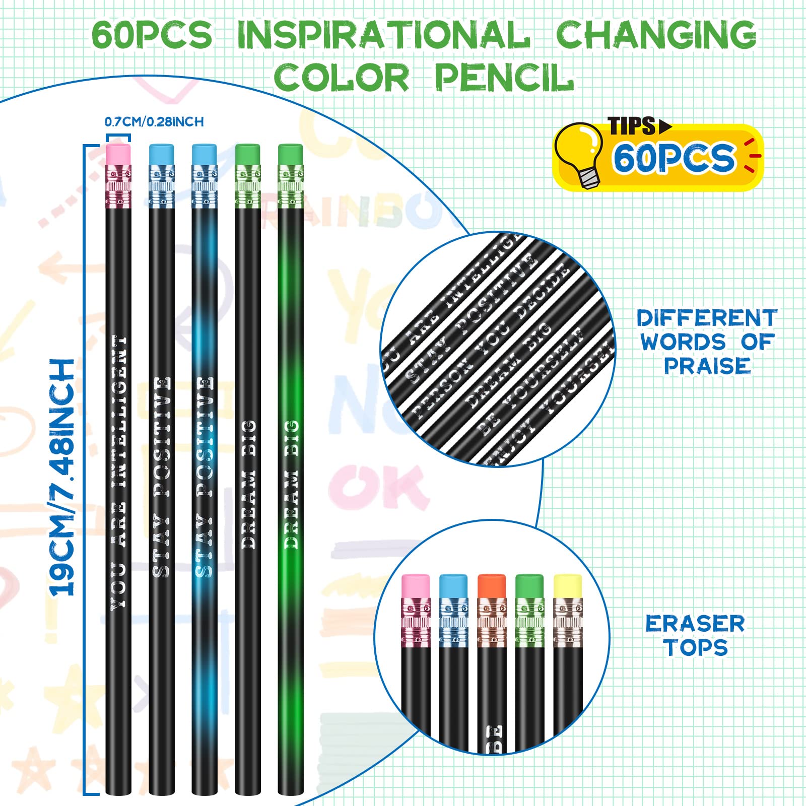60 Pcs Personalized Motivational Pencils with Name - Inspirational Color Changing Mood Pencils for Students & Kids (Black, Fresh Style) - Perfect for School, Gifts & Classroom Rewards