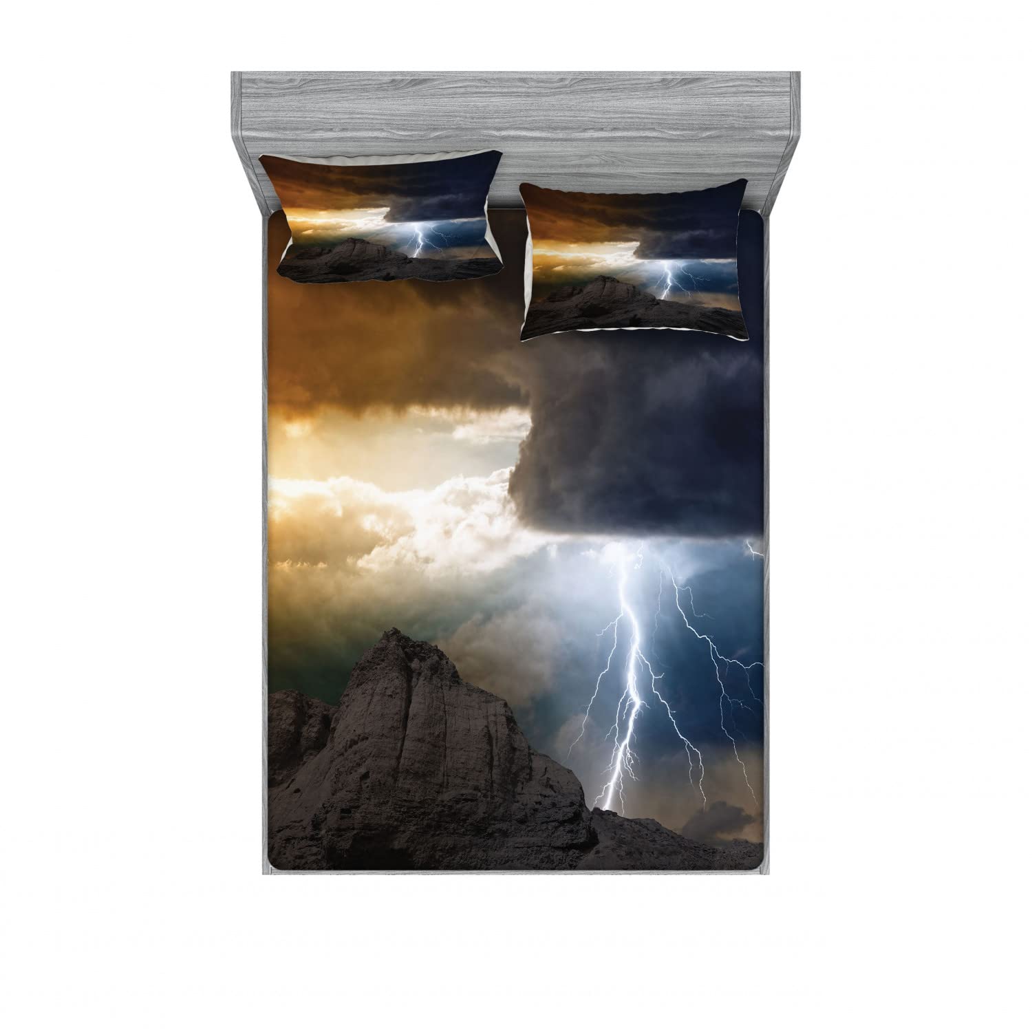 Ambesonne 2-Pack Queen Size Fitted Sheet & Pillow Sham Set - Dark Clouds Mountain Design, Grey & Orange 4-Piece Bedding Set (2 Fitted Sheets + 4 Pillow Covers) for Cozy Bedroom Decor & Guest Room Styling