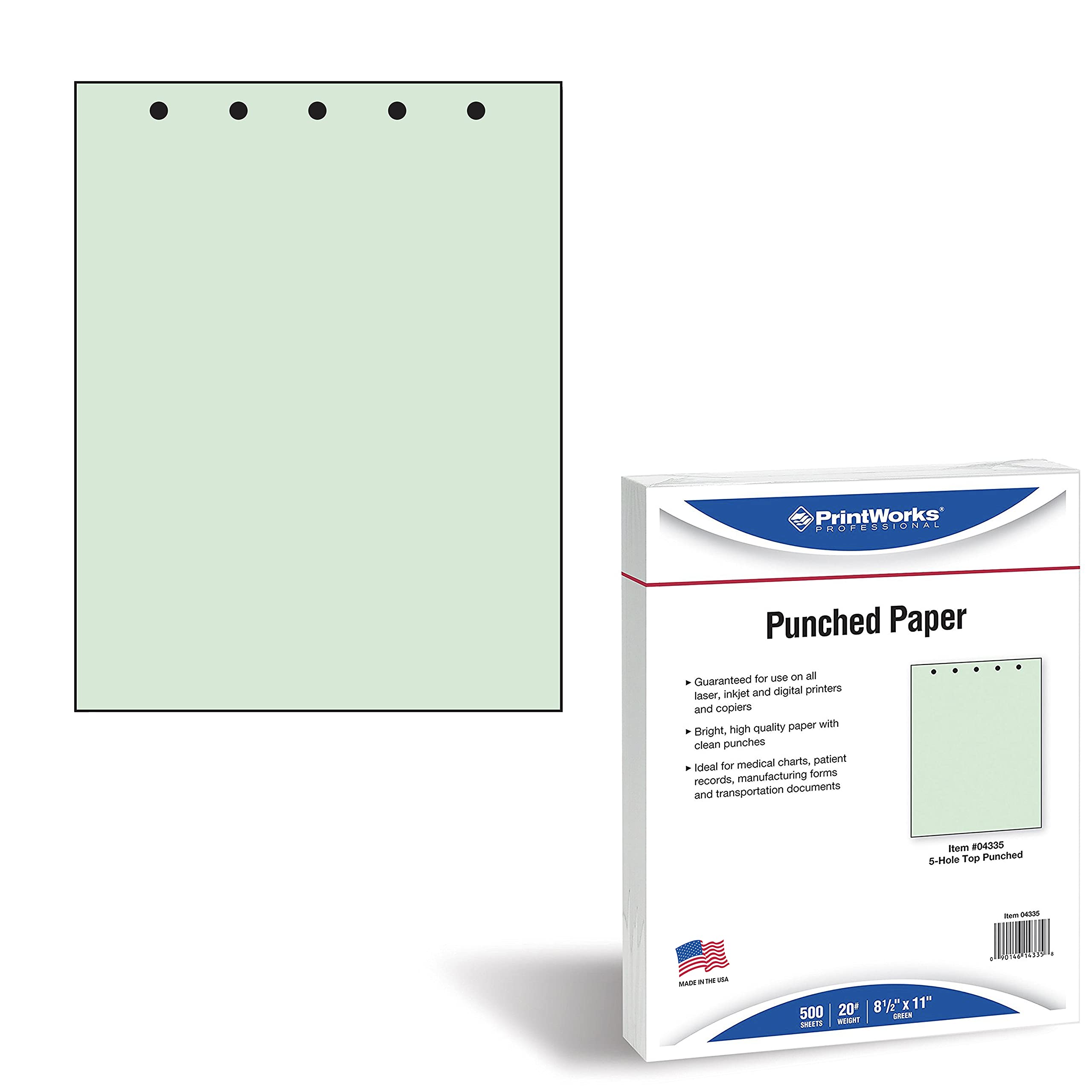 PrintWorks Professional Pre-Punched Paper - 500 Sheets, 8.5 x 11 Inches, 20 lb. Green Paper with 5-Hole Punch for Binders, 2-Ring Clipboards & File Folders - Perfect for Office, School & Home Organization