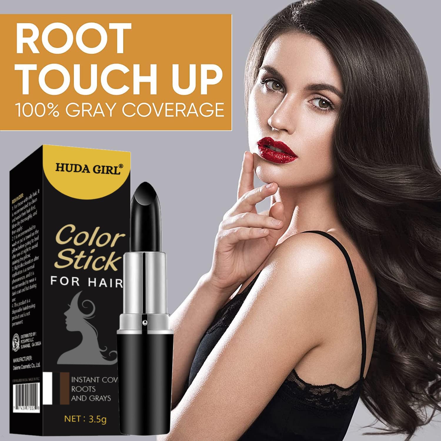 Huda Girl Natural Hair Color Root Touch Up for Grey Hair - Non-Toxic White Hair Coverage Dye Pencil for Men & Women (Black, 1 Count) - Quick & Easy Hair Root Concealer for Everyday Use, Travel & On-the-Go Touch Ups