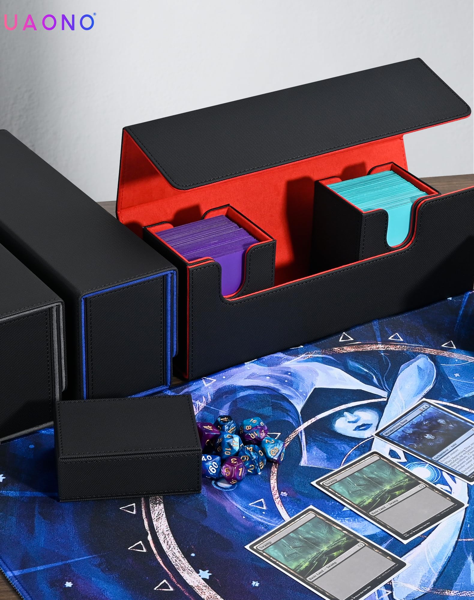 MTG Deck Box with Dice Tray - 4-in-1 Storage Case Holds 600+ Unsleeved Cards | Strong Magnetic Organizer for Yugioh, TCG & Sports Cards (Black) | Perfect for Game Nights, Tournaments & Card Collectors