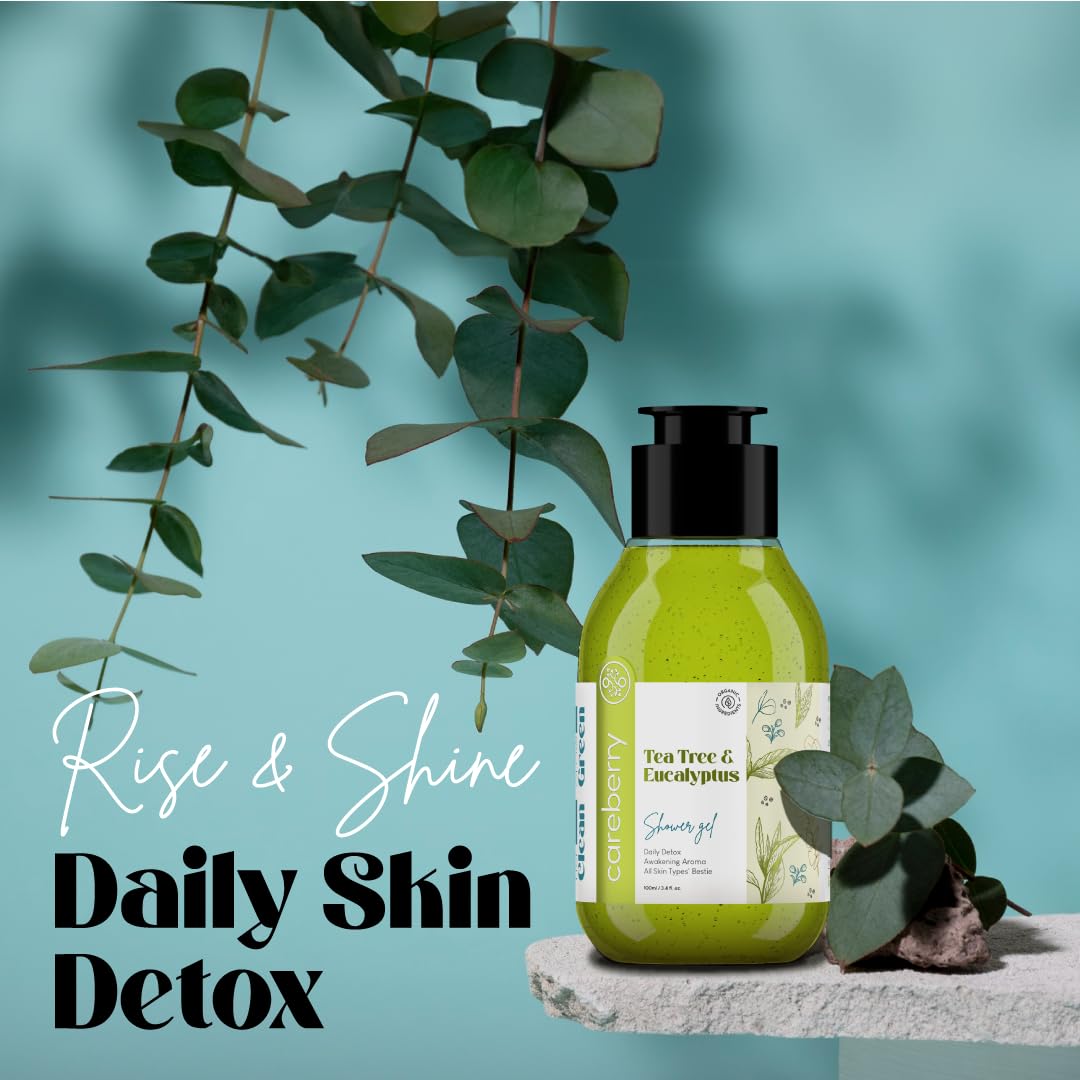 Careberry Organic Tea Tree & Eucalyptus Oil Shower Gel - Ayurvedic Ayush Certified, Paraben & Sulfate Free, 100ml | Daily Detox & Refreshing Shower Experience for Healthy Skin