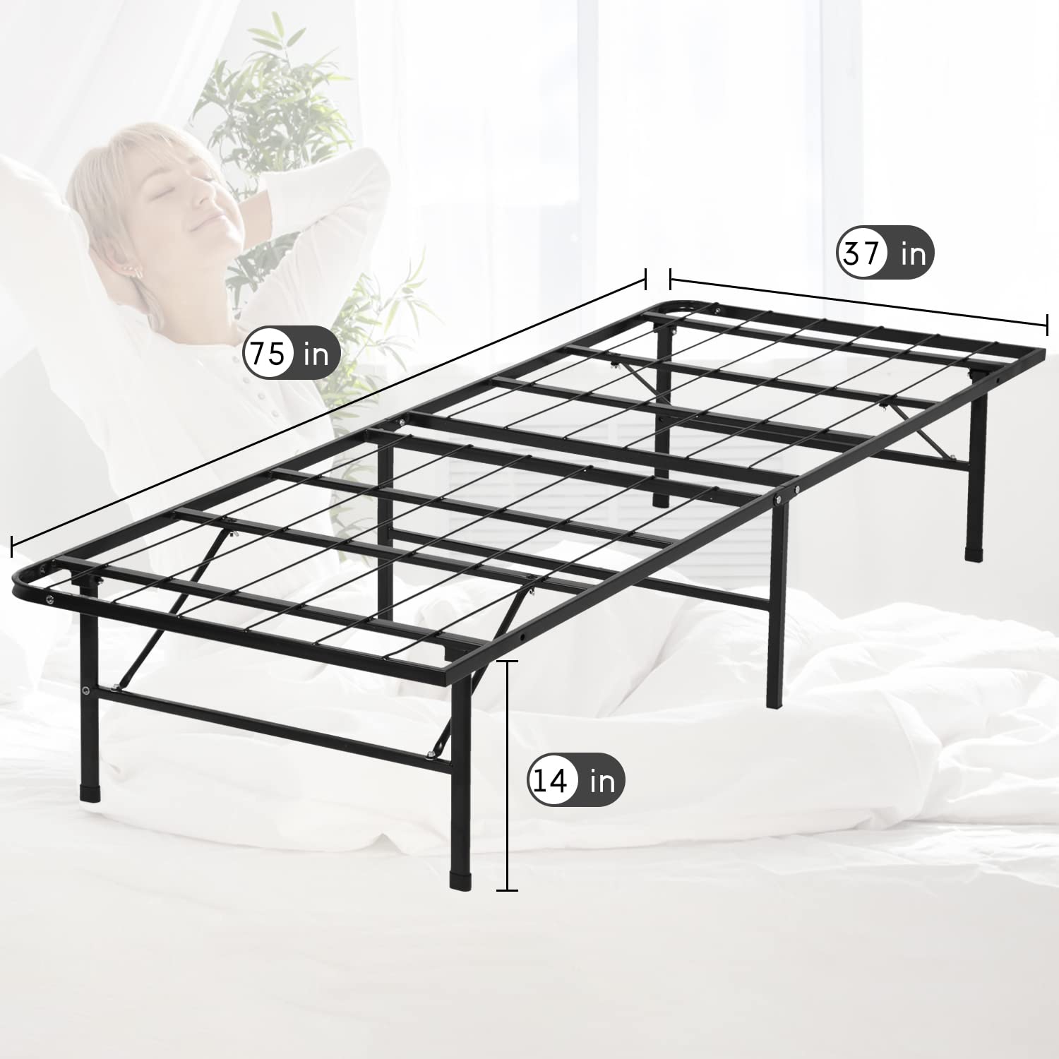 14 Inch Heavy Duty Metal Twin Bed Frame with Steel Slats - No Box Spring Needed, Easy Assembly, Noise-Free, Underbed Storage - Perfect for Kids Rooms, Guest Beds & Small Spaces